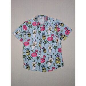 Bucees Shirt Mens M Blue Button Up Hawaiian Tiki AOP Pineapple Flamingo Shirt